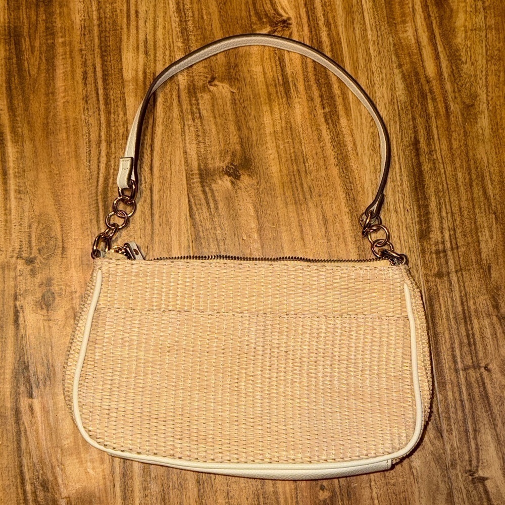 Nanette Lepore purse handbag shoulder bag small tan cream gold raffia zipper - Picture 2 of 8